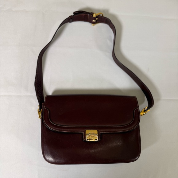 Celine Handbags - Vintage Celine Paris Burgundy Box Leather Shoulder Bag Gold Turn Lock